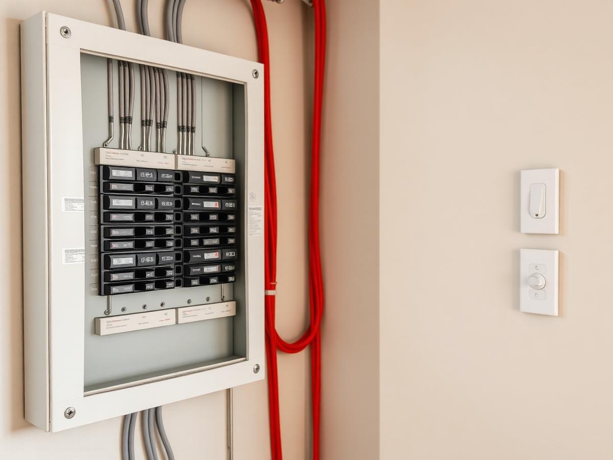 Illustrative example: a residential electrical panel and neatly finished wall outlets.