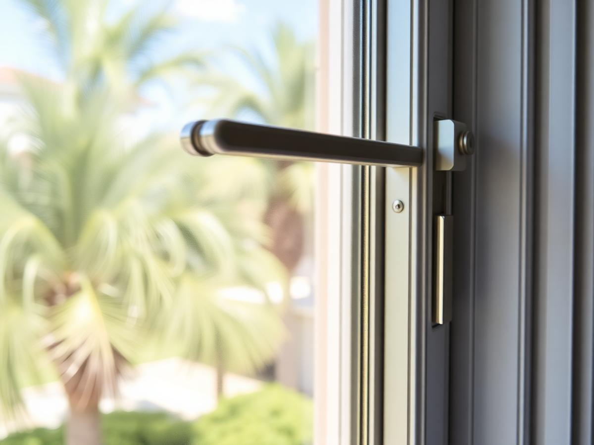 Illustrative example: a close view of residential window hardware and clean glass with palms outside.