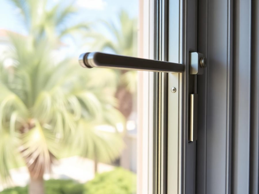 Illustrative example: a close view of residential window hardware and clean glass with palms outside.