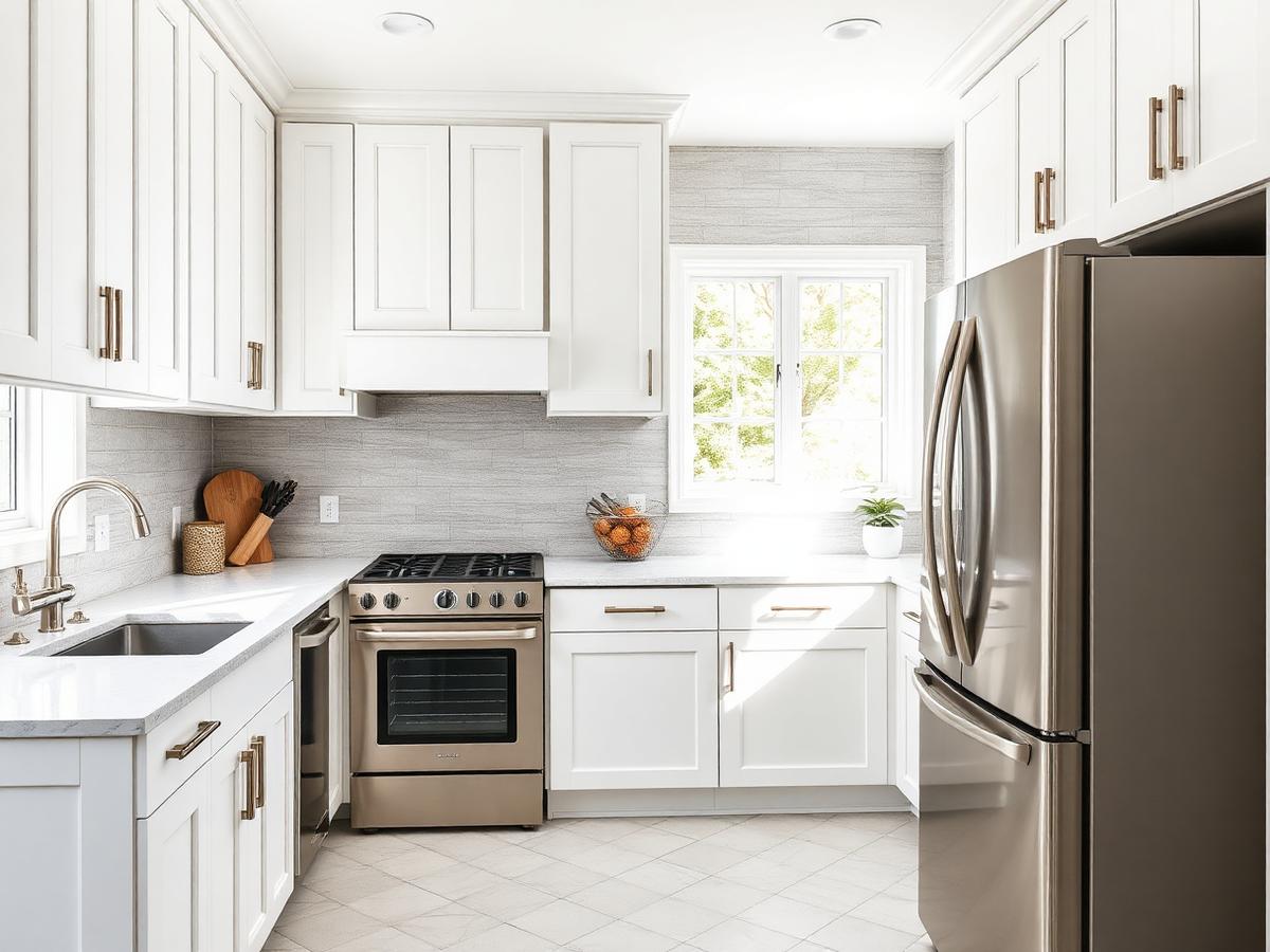 Illustrative example: a remodeled kitchen with shaker cabinets, quartz counters and stainless appliances.