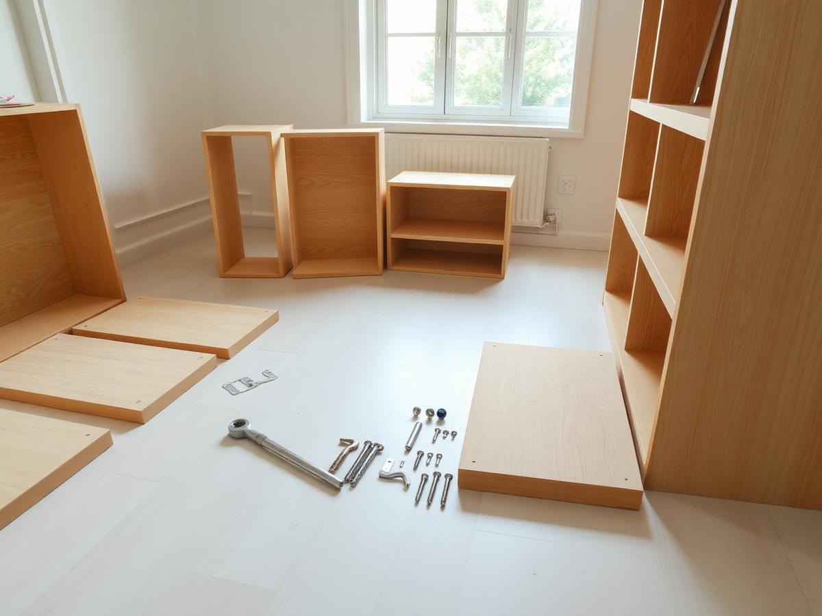 Illustrative example: flat-pack shelving panels and hardware laid out for assembly in a bright room.