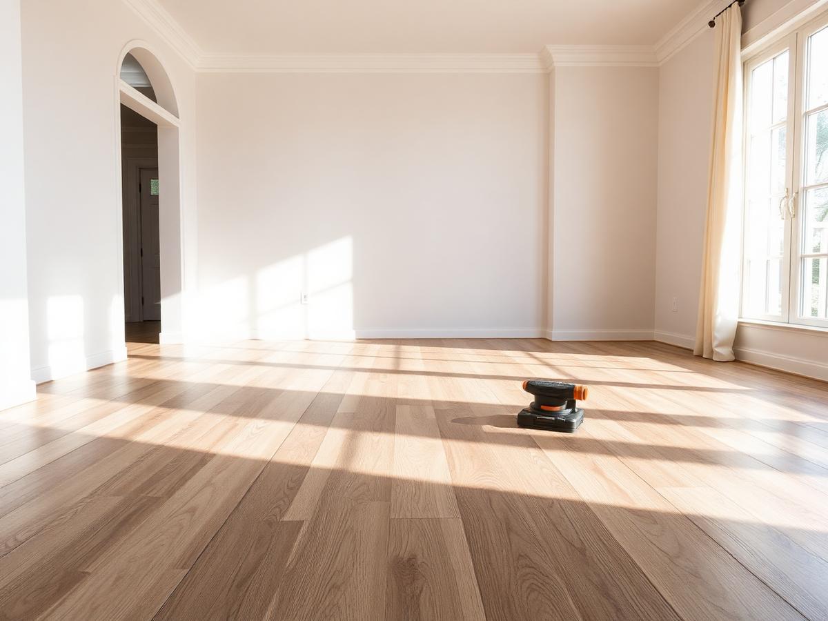 Illustrative example: newly installed plank flooring across a bright, empty living room.