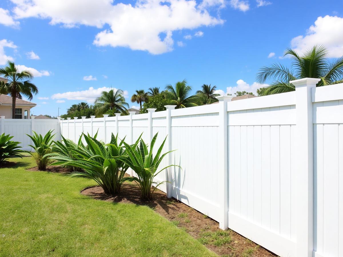 Illustrative example: a white vinyl privacy fence along a tropical South Florida backyard.