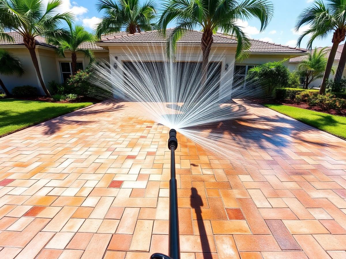 Illustrative example: a paver driveway being pressure washed, with the cleaned half visibly brighter.
