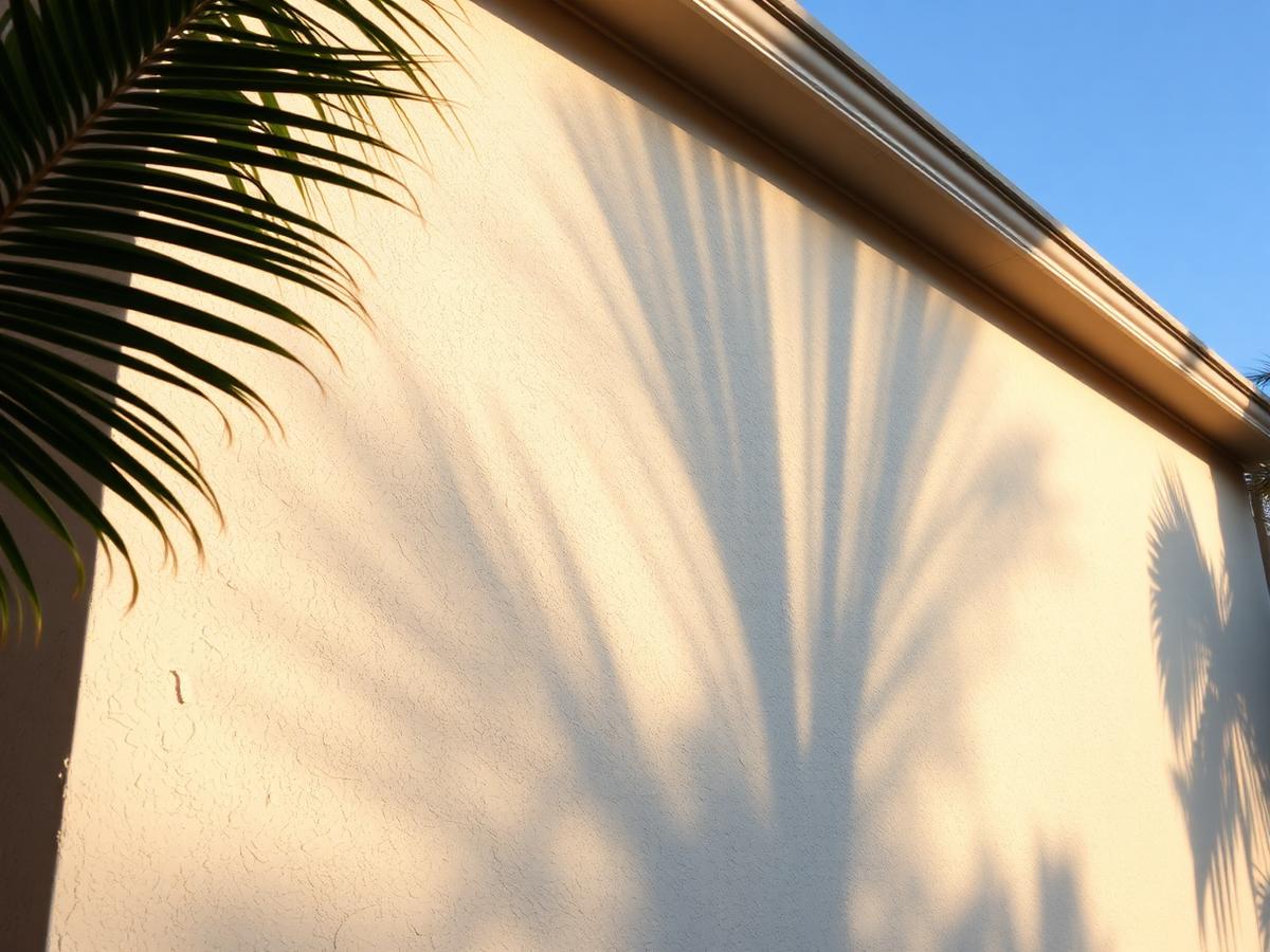 Illustrative example: a smoothly repaired and textured stucco exterior wall in warm sunlight.