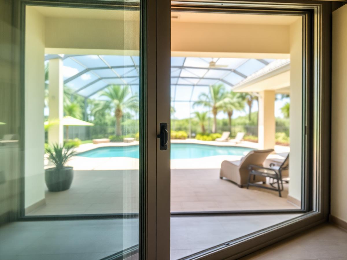 Illustrative example: a sliding glass patio door opening onto a screened Florida pool deck.