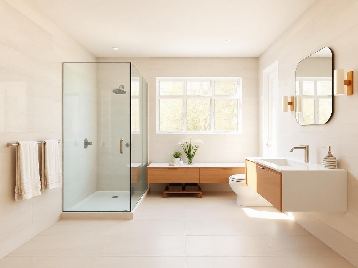 Illustrative example: a remodeled bathroom with large-format tile, glass shower and a floating vanity.