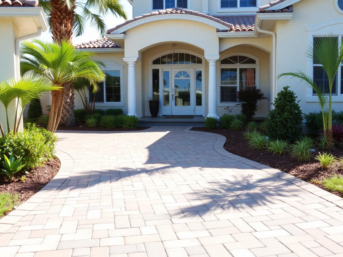 Illustrative example: the same style of paver driveway looking clean after pressure washing.