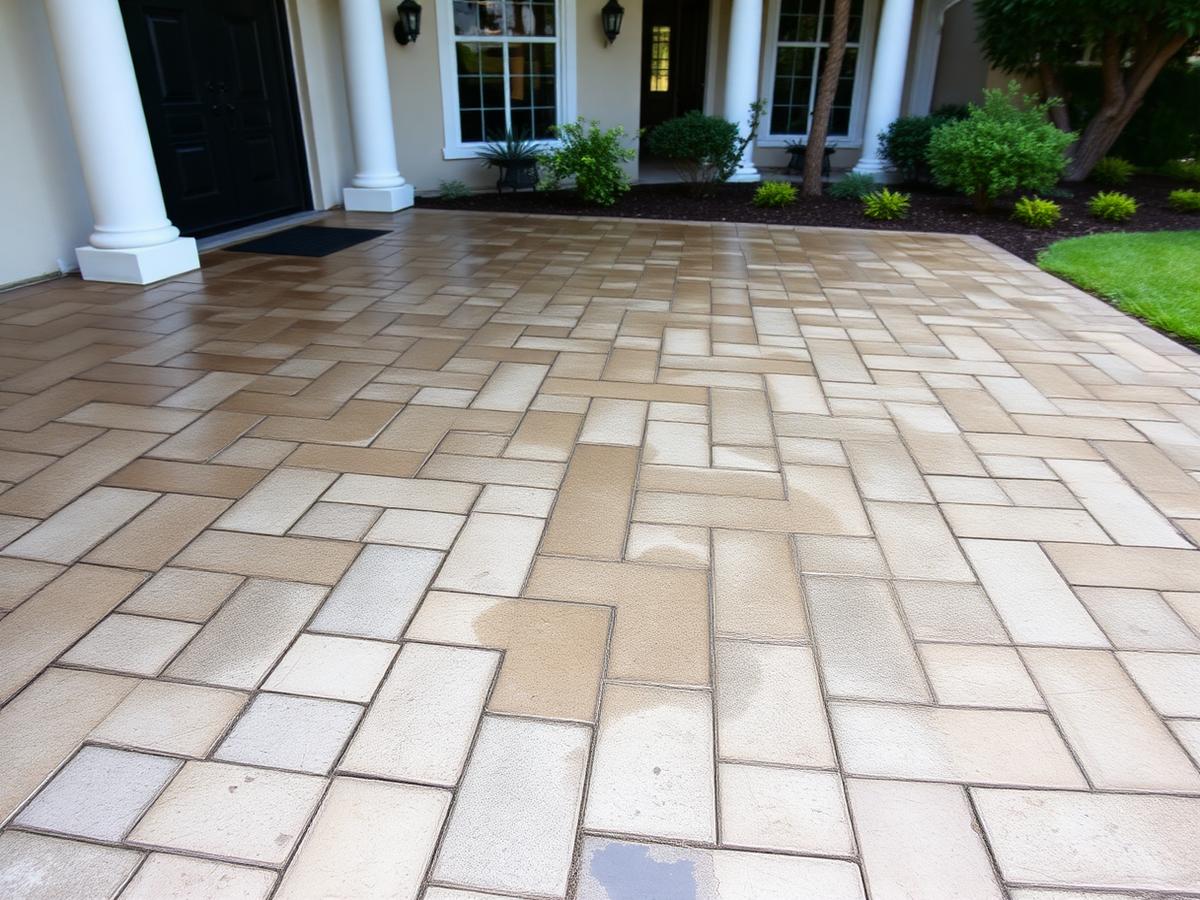 Illustrative example: a paver driveway with algae and mildew staining before pressure washing.