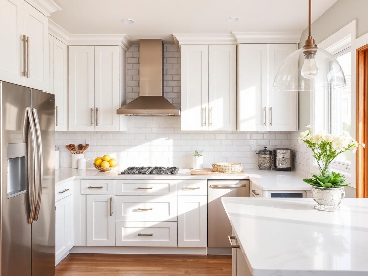 Illustrative example: a remodeled kitchen with white shaker cabinets, quartz countertops and a subway tile backsplash.